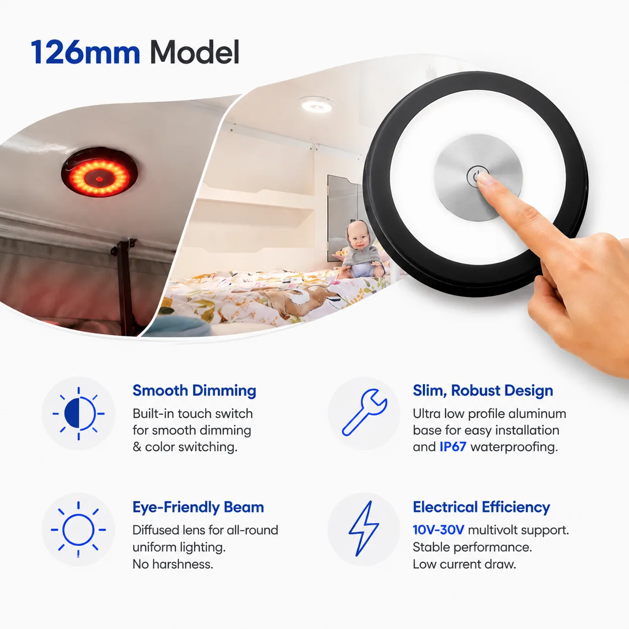 12V 126mm LED RV Ceiling Dome Light – Touch Dimmer IP67 Waterproof ADC12 Diecast Aluminum