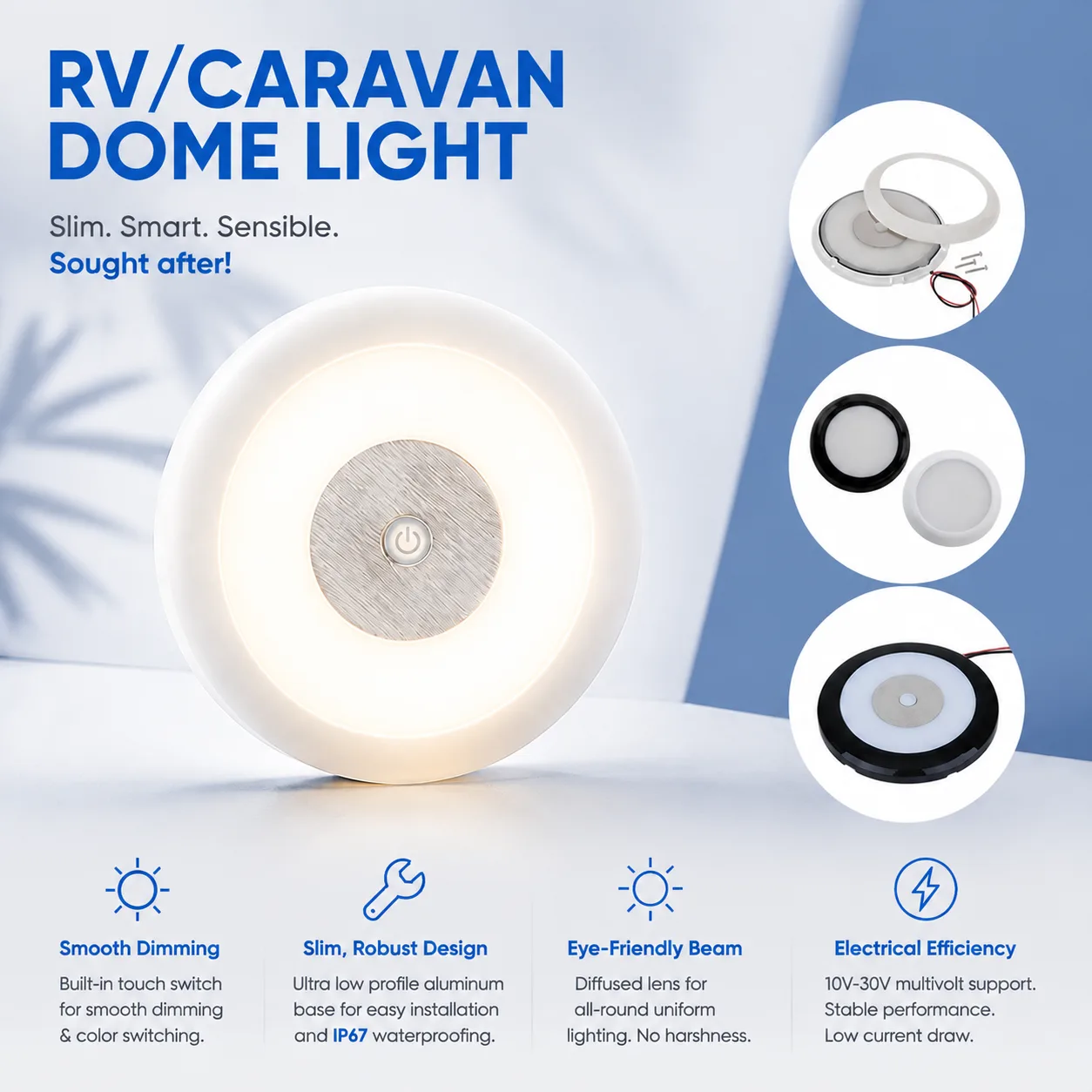 12V 126mm LED RV Ceiling Dome Light – Touch Dimmer IP67 Waterproof ADC12 Diecast Aluminum
