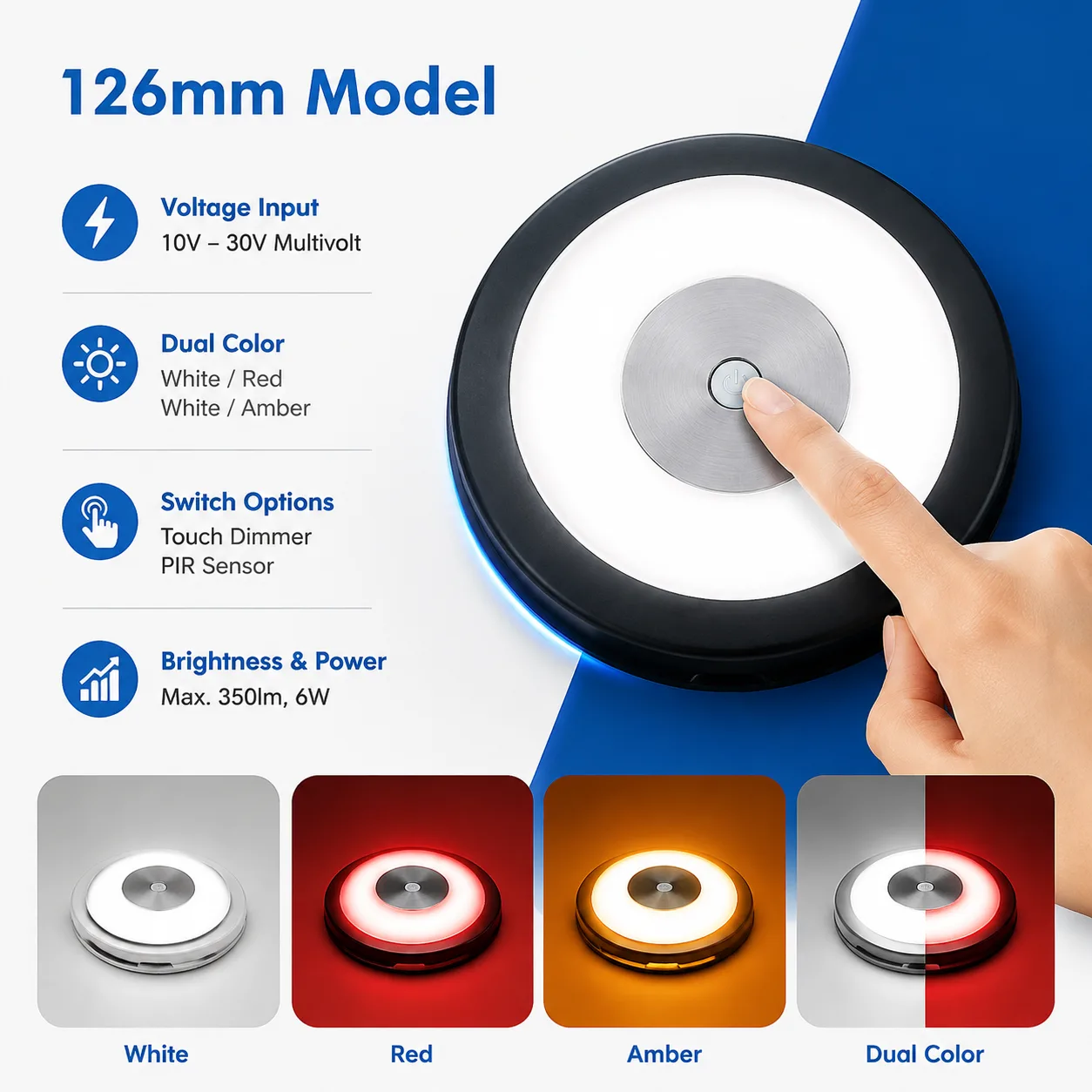 12V 126mm LED RV Ceiling Dome Light – Touch Dimmer IP67 Waterproof ADC12 Diecast Aluminum